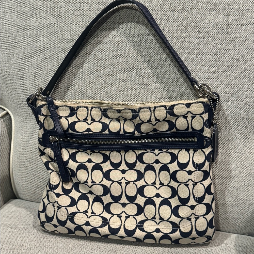 Coach Canvas Shoulder Bag in Navy and Beige